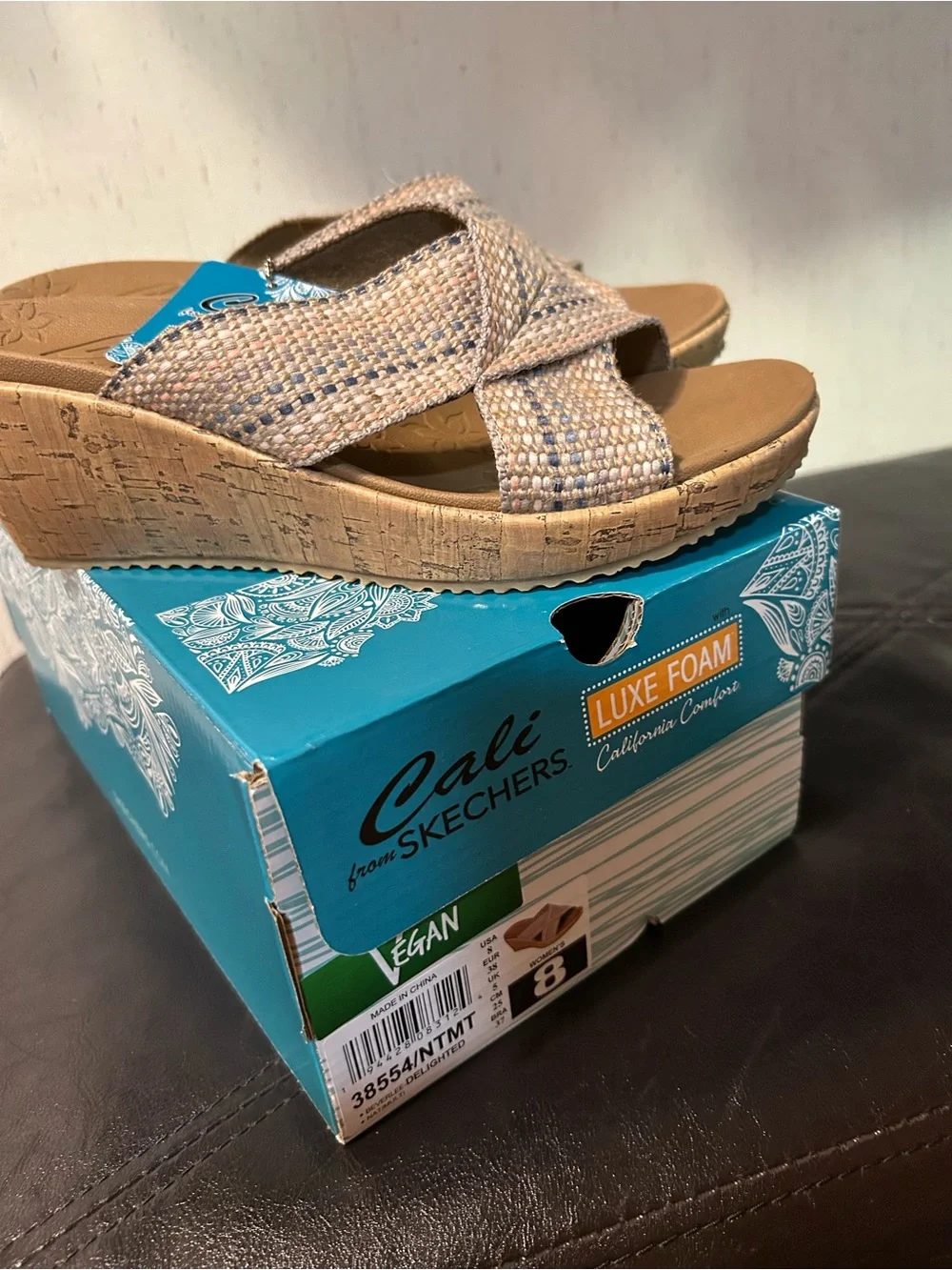 Skechers Woven Cross-Strap Cork Wedge Sandals in Beige and Multi Colors